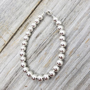 7mm Sterling Silver Beaded Bracelet, 925 Sterling, All Shiny Round Ball