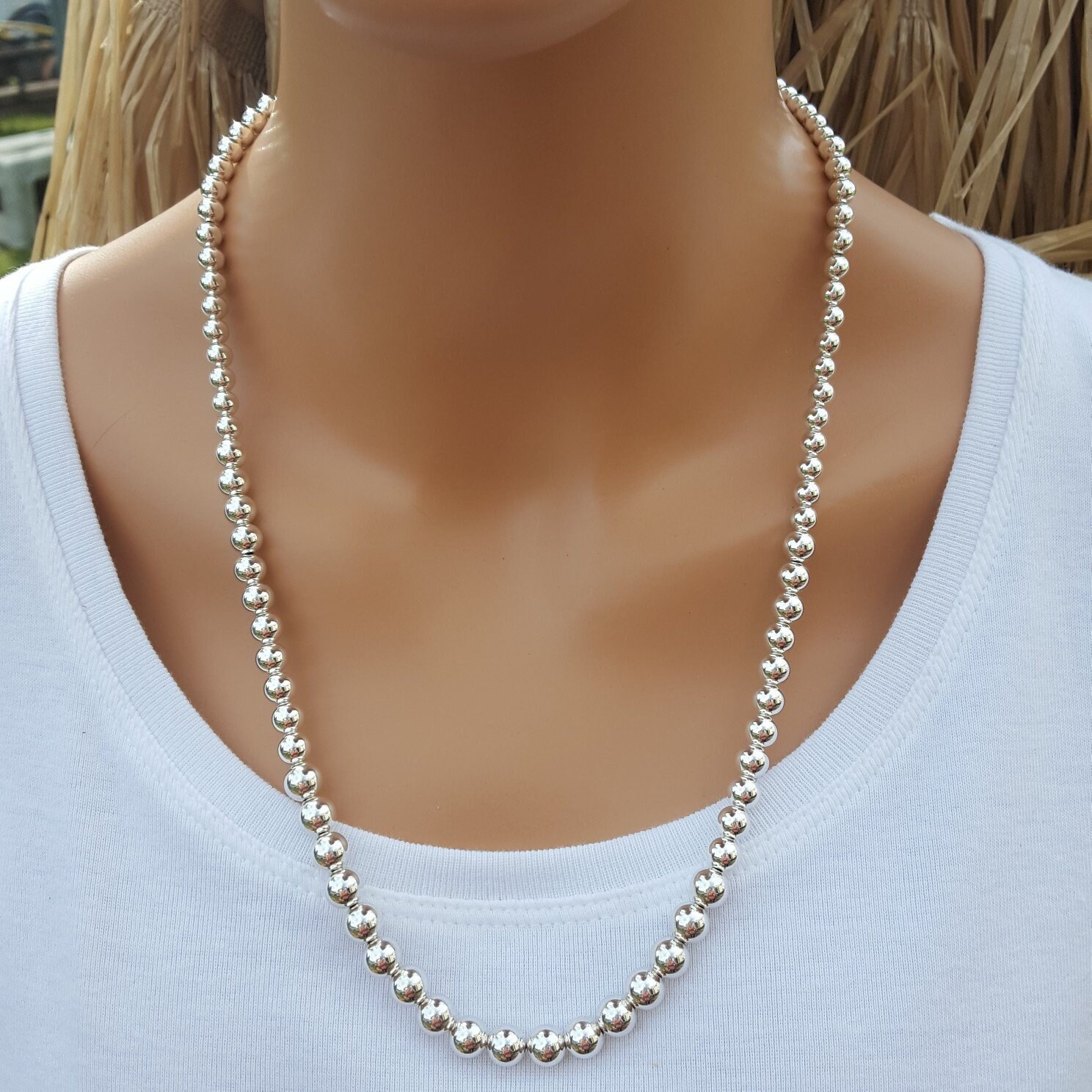 8mm Graduated Silver Bead Necklace, 8mm Graduated Bead