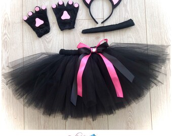 Black cat tutu tulle skirt headband ears bow tail fancy dress black pink dance costume outfit dressing up Halloween