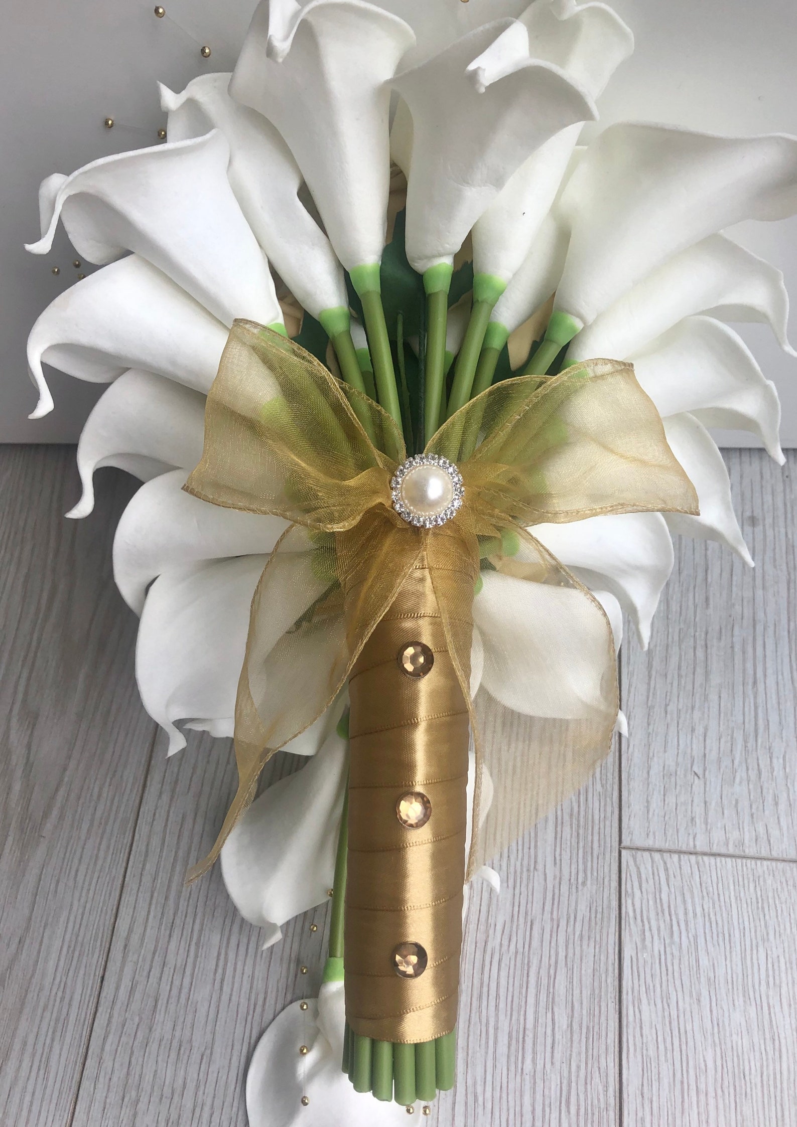 Bride gold and ivory calla lily teardrop bouquet artificial Etsy