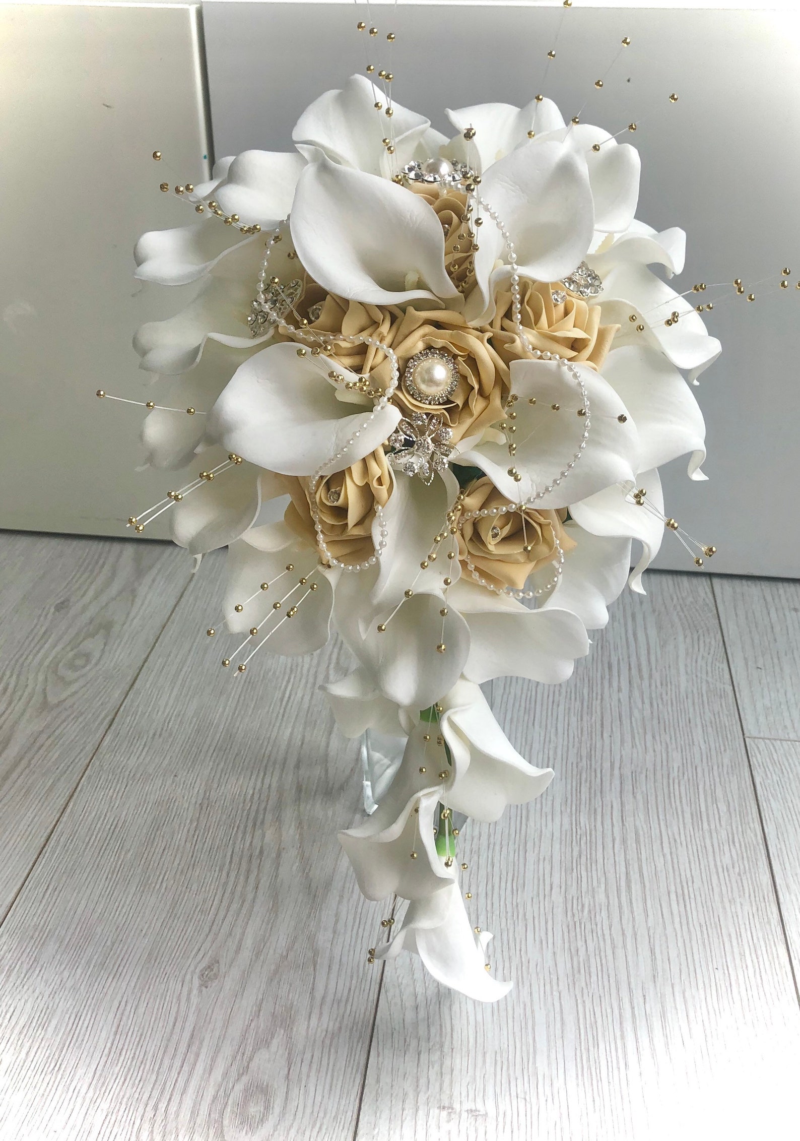 Bride gold and ivory calla lily teardrop bouquet artificial Etsy