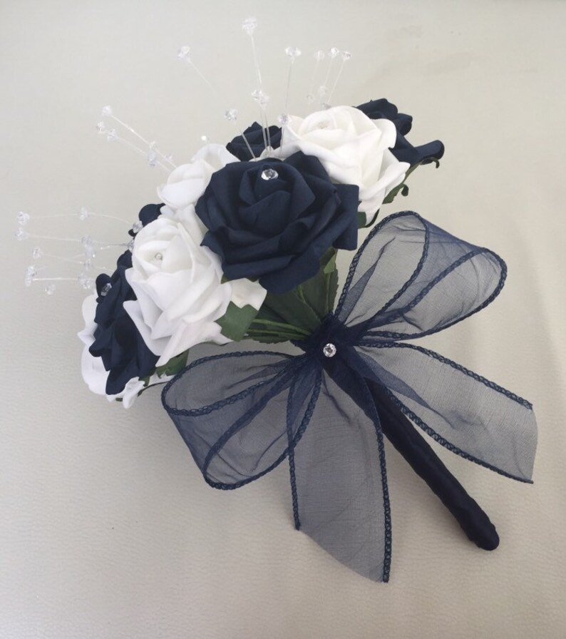 Navy blue and white artificial wedding flowers rose bouquets Etsy