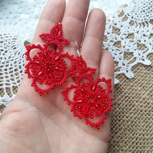 Red earrings  tatting jewelry Earrings  Viola Chandelier Earrings lace earrings gift for her lace jewelry