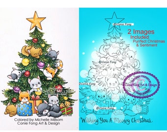 Digital Stamp, Digi Stamp, Digistamp, Purrfect Christmas and Sentiment by Conie Fong, Christmas tree, cat, kitty, presents, coloring page