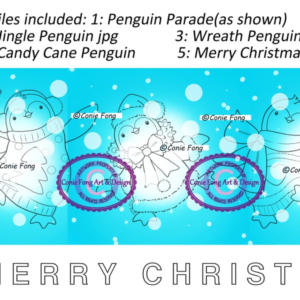 Digital Stamp, Digi Stamp, Digistamp, Penguin Parade Bundle by Conie Fong, Penguin, Christmas, wreath, candy cane, bell, coloring page