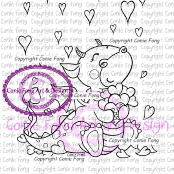 Digital Stamp, Digi Stamp, Digistamp, Tori the Dragon-Raining Hearts by Conie Fong, valentines, love, dragon, coloring page, heart