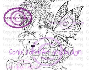 Digital Stamp, Digi Stamp, digistamp,  Precious by Conie Fong, Coloring Page, Baby Girl, Fairy, Teddy Bear