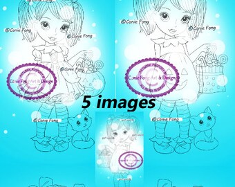 Digital Stamp, Digi Stamp, digistamp, 5 images, Wynona Witch, Candy Sally, Penelope Pumpkin  Bundle by Conie Fong, cat, kitty, Halloween