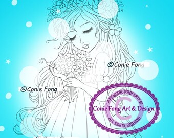 Digital Stamp, Digi Stamp, digistamp, Summer Bride by Conie Fong, Coloring Page, girl, flower, bride, birthday, Mother's Day