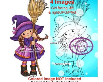 Digitale stempel, Digi Stamp, digistamp, bezemsteel Emily Witch van Conie Fong, Halloween, bezem, meisje