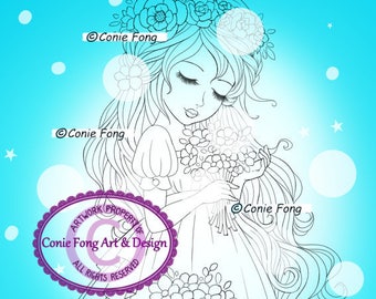Digital Stamp, Digi Stamp, digistamp, Summer Blossoms by Conie Fong, Coloring Page, girl, flower, bride, birthday,