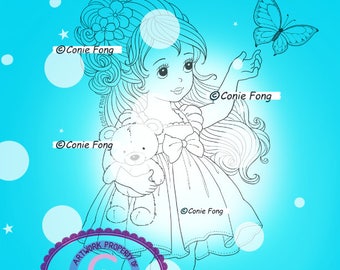 Digital Stamp, Digi Stamp, digistamp, Butterfly Princess by Conie Fong, girl, teddy bear, birthday, Thinking of you, coloring page