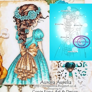 Puede incluir: Una ilustración digital de una niña con el pelo largo y castaño recogido en una trenza con flores azules. Lleva un vestido turquesa con un gran lazo marrón. El fondo es azul claro con puntos blancos.