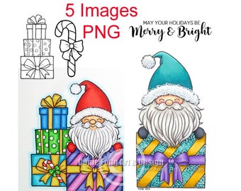 Digital Stamp, Digi Stamp, digistamp, Santa Gnome Gift and Sentiment Bundle by Conie Fong, Christmas, Birthday, Presents, coloring page