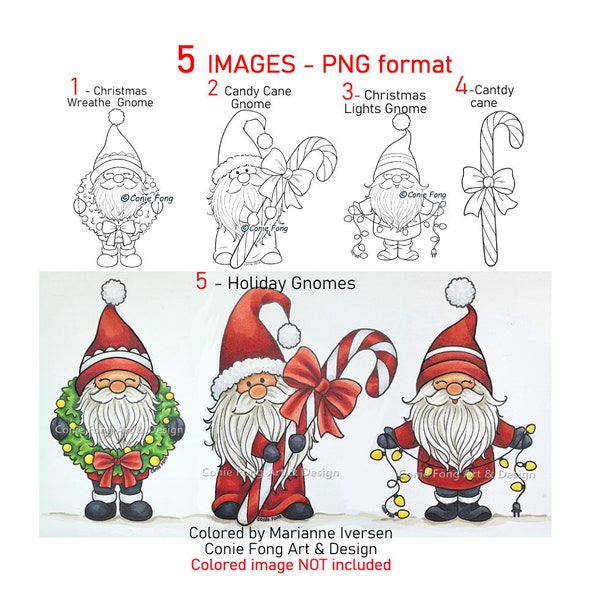 Digital Stamp, Digi Stamp, digistamp, Holiday Gnomes Bundle by Conie Fong, Christmas, Candy Cane, Wreath, Lights, coloring page