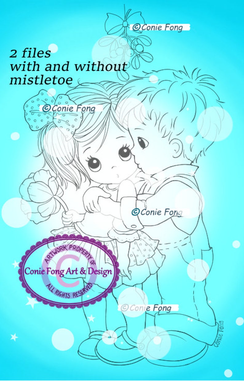 Digital Stamp, Digi Stamp, digistamp, First Kiss 2 files by Conie Fong, valentines, love, Christmas, coloring page, boy, girl image 2