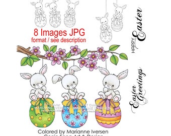 Digital Stamp, Digi Stamp, Digistamp, Easter Bunny Trio Bundle by Conie Fong, Rabbit, egg, flower