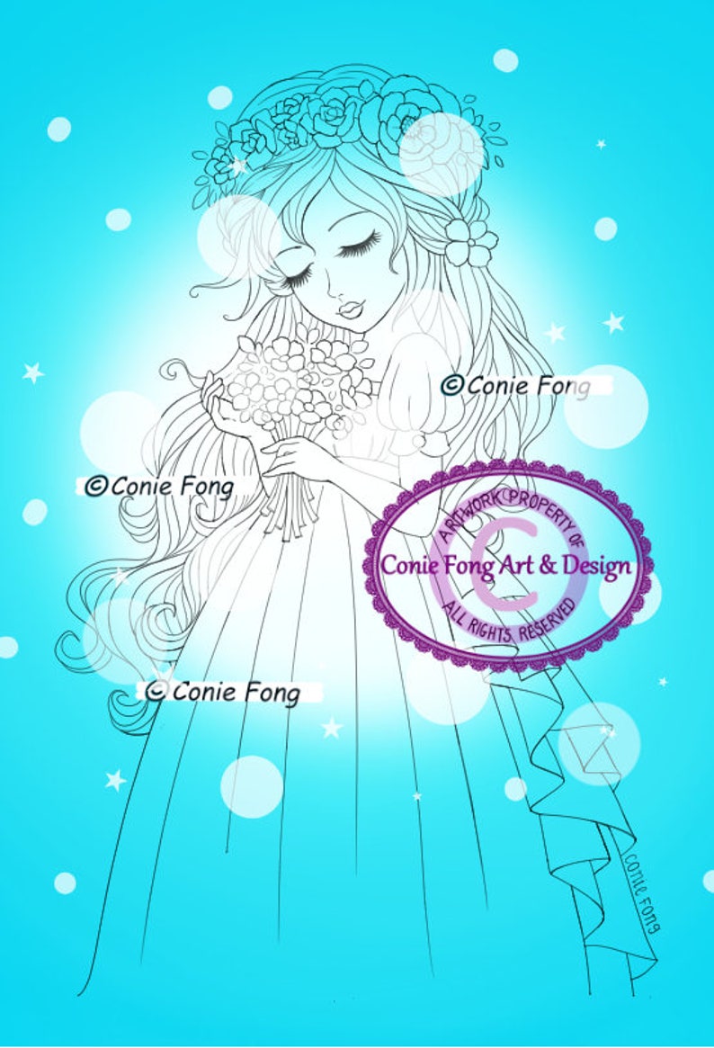 Digital Stamp, Digi Stamp, digistamp, Summer Bride by Conie Fong, Coloring Page, girl, flower, bride, birthday, Mother's Day image 1