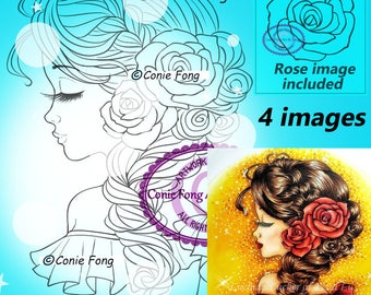 Digital Stamp, Digi Stamp, digistamp, Bella Rose by Conie Fong, Coloring Page, birthday, girl, flower, rose, braids