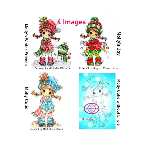 Digital Stamp, Digi Stamp, digistamp, 4 images Molly Winter Bundle Conie Fong, Christmas, Winter, snowman, Joy, coloring page, children