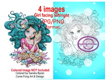 Digital Stamp, Digi Stamp, digistamp, Seashell Rosealea by Conie Fong, Coloring Page, Girl, Mermaid, Fantasy, Birthday, Cardmaking