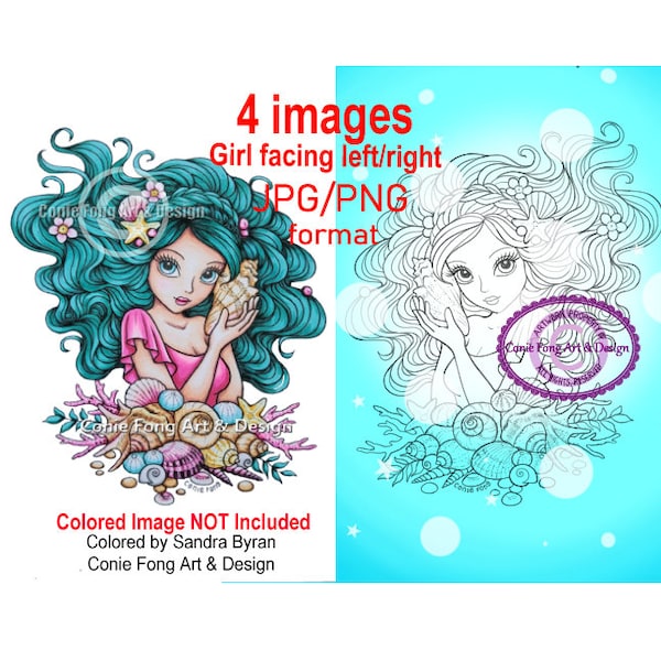 Digital Stamp, Digi Stamp, digistamp, Seashell Rosealea by Conie Fong, Coloring Page, Girl, Mermaid, Fantasy, Birthday, Cardmaking