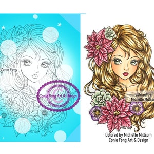 Digital Stamp, Digi Stamp, digistamp, Christmas Leilani by Conie Fong, Christmas, Girl Coloring Page, flowers, poinsettia