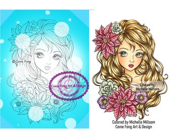 Digital Stamp, Digi Stamp, digistamp, Christmas Leilani by Conie Fong, Christmas, Girl Coloring Page, flowers, poinsettia