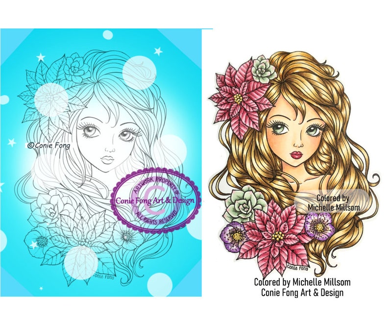 Digital Stamp, Digi Stamp, digistamp, Christmas Leilani by Conie Fong, Christmas, Girl Coloring Page, flowers, poinsettia image 1