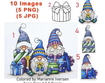 SALE Digital Stamp, Digi Stamp, digistamp, Christmas Gnomes  Bundle by Conie Fong, birthday,  presents , coloring page