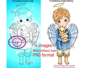 Digital stamp, digi stamp, digistamp, Friendship Angel Cody and Benny Bundle by Conie Fong, dog, Birthday, Sympathy, Get Well, Color Page