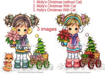 Digital Stamp, Digi Stamp, Digistamp, Molly's Christmas by Conie Fong, Girl, Christmas, Cat, poinsettia, tree, wagon, presents, coloring