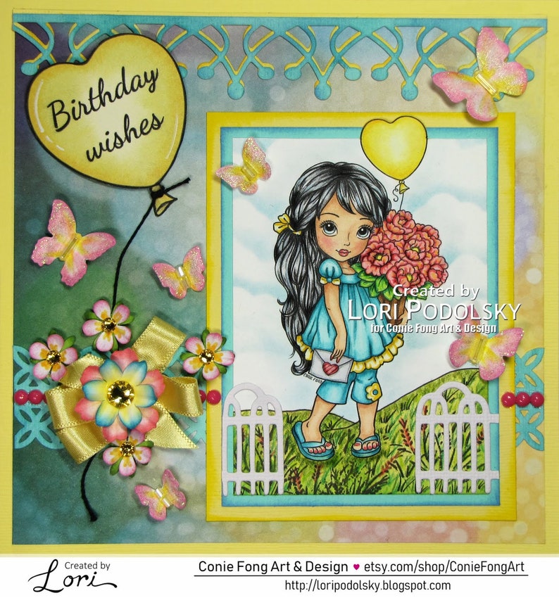 Digital Stamp, Digi Stamp, digistamp, Susie Sunshine by Conie Fong, girl flowers, birthday, Mother's Day, Valentine, balloon, love, sympathy image 3