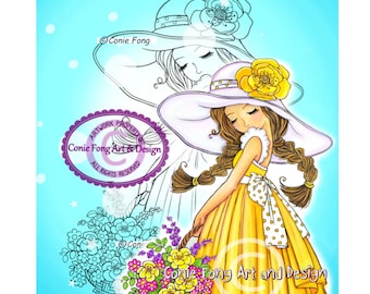 Digital Stamp, Digi Stamp, digistamp, Lavender's Blue by Conie Fong, Coloring Page, girl, flower, basket