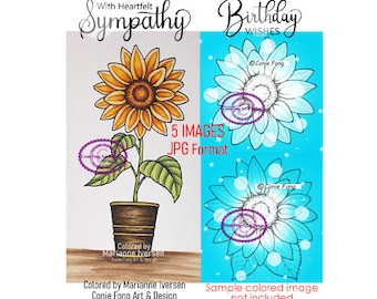 SALE Digital Stamp, Digi Stamp, digistamp,(JPG FORMAT) Sunflower In A Pot Bundle by Conie Fong, birthday, sympathy, get well, coloring page