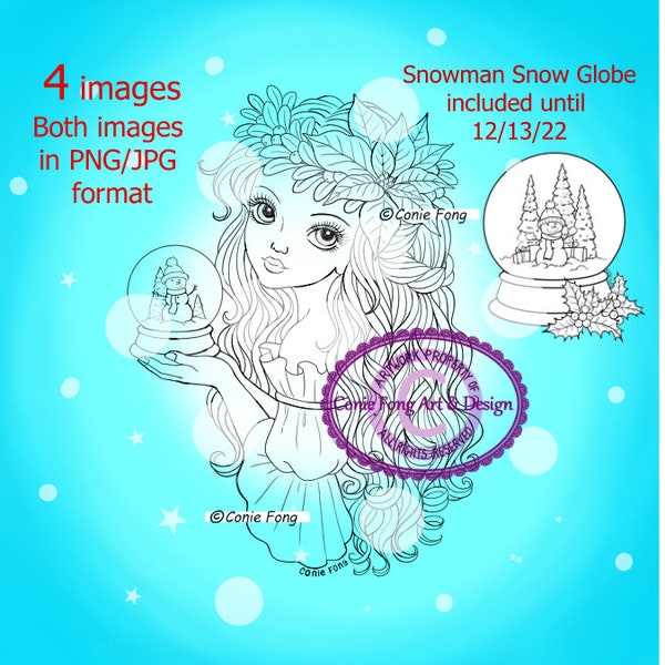 Digital Stamp, Digi Stamp, digistamp, Snow Globe Wishes by Conie Fong, Christmas, Snowman, Girl Coloring Page, poinsettia, Christmas tree