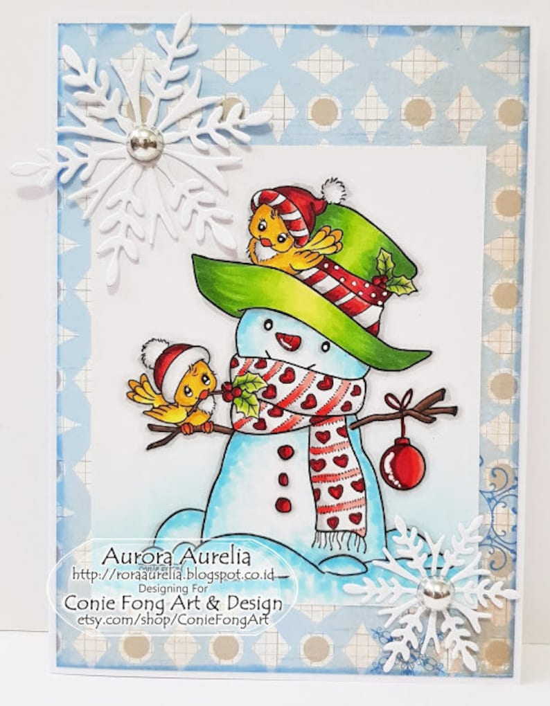 SALE Digital Stamp, Digi Stamp, digistamp, Snowman and Birdie Friends by Conie Fong, Christmas, Winter, Bird, coloring page, children image 6