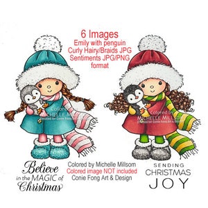 Digital stamp, digi stamp, digistamp, Emily With Penguin And Sentiment Bundle Conie Fong, Birthday, Christmas, girl, thinking of you