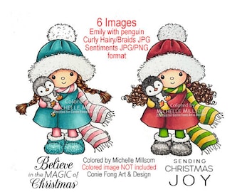 Digital stamp, digi stamp, digistamp, Emily With Penguin And Sentiment Bundle Conie Fong, Birthday, Christmas, girl, thinking of you