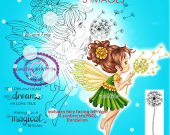 Digital Stamp, Digi Stamp, digistamp, Dandelion Wishes by Conie Fong, fairy, girl, Birthday, Get Well, Love, coloring page