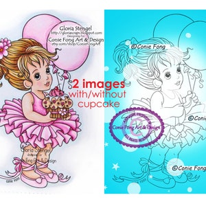 Digital Stamp, Digi Stamp, digistamp, Abbie  With Balloon Cake by Conie Fong, Birthday, girl holding balloon, celebration, ballerina, tutu