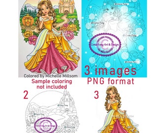 SALE Digital Stamp, Digi Stamp, digistamp, Princess Kiara Fairytale Castle by Conie Fong, birthday, carriage, peony flowers, girl