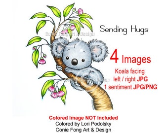 Digital Stamp, Digi Stamp, digistamp, Eucalyptus Tree Koala and Sentiment Bundle by Conie Fong, Birthday, baby, bear, coloring page