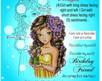 Digital Stamp, Digi Stamp, digistamp, Artistic Leilani by Conie Fong, Coloring Page, girl, artist, birthday, art supplies, flowers