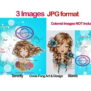 Digitalstempel, Digi Stamp, Digi Stamp, Serenity und Alanna Bundle von Conie Fong, Malvorlage, Mädchen, Blume, Orchidee, Geburtstag, Zöpfe