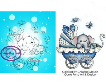Digital Stamp, Digi Stamp, Digistamp, Baby Ellie by Conie Fong, Coloring Page, Baby, Boy, Girl, Elephant, Birthday, Carriage