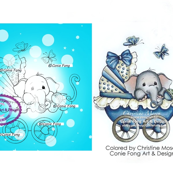 Digital Stamp, Digi Stamp, Digistamp, Baby Ellie by Conie Fong, Coloring Page, Baby, Boy, Girl, Elephant, Birthday, Carriage