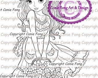 Timbre numérique, Timbre Digi, Digistamp, Sweet Annabelle par Conie Fong, Coloriage, fille, fleur, panier