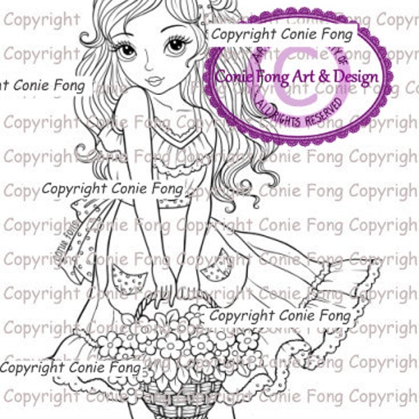 Digital Stamp, Digi Stamp, Digistamp, Sweet Annabelle by Conie Fong, Coloring Page, girl, flower, basket