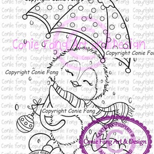 Digital Stamp, Digi Stamp, Digistamp, Dancing in the Snow by Conie Fong, Penguin, Christmas, coloring page